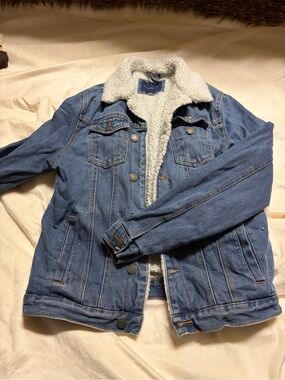 Aeropostale Cream Sherpa Jacket with Navy Denim Label